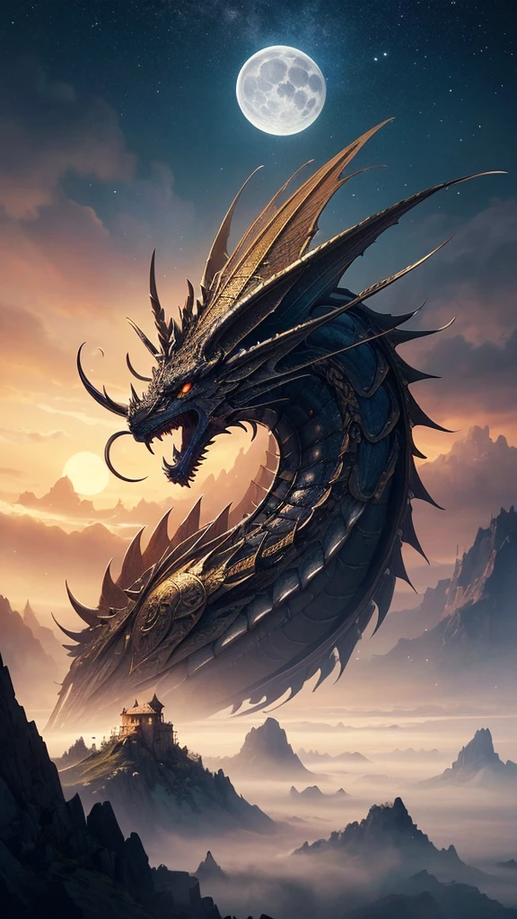 (high quality:1.4), (best quality:1.4), (masterpiece:1.4), official art, official wallpaper, surreal, (golden castle ,(black dragon),(mystical creatures:1.1), (floating islands:1.1), (detailed landscape:1.1), (magic in the air:1.1), (stardust:1.1), night sky, (whimsical atmosphere:1.1), (dreamlike world:1.1), (bubbles:1.1), flying books, (luna moths:1.1), (moonlight:1.1), enchanted forest, (wisdom:1.1), (powerful energy:1.1), (guardian angels:1.1), (peaceful:1.1), vibrant colors, (detailed:1.05), (extremely detailed:1.06), sharp focus, (intricate:1.03), cinematic lighting, (extremely intricate:1.04), (epic scenery:1.09), vibrant colors, (beautiful scenery:1.08), (detailed scenery:1.08), (intricate scenery:1.07), (wonderful scenery:1.05),