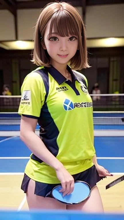 ((Table Tennis Costume、Table Tennis Costume、Table Tennis Cosplay、Table Tennis Uniform、Table tennis player、Mini skirt with slit))、1 girl、Bob Hair、Medium breast、(Holding a table tennis racket)、masterpiece:1.3、Raw photo、Highest quality、Detailed Images、Detailed Background、gym、Table tennis table、