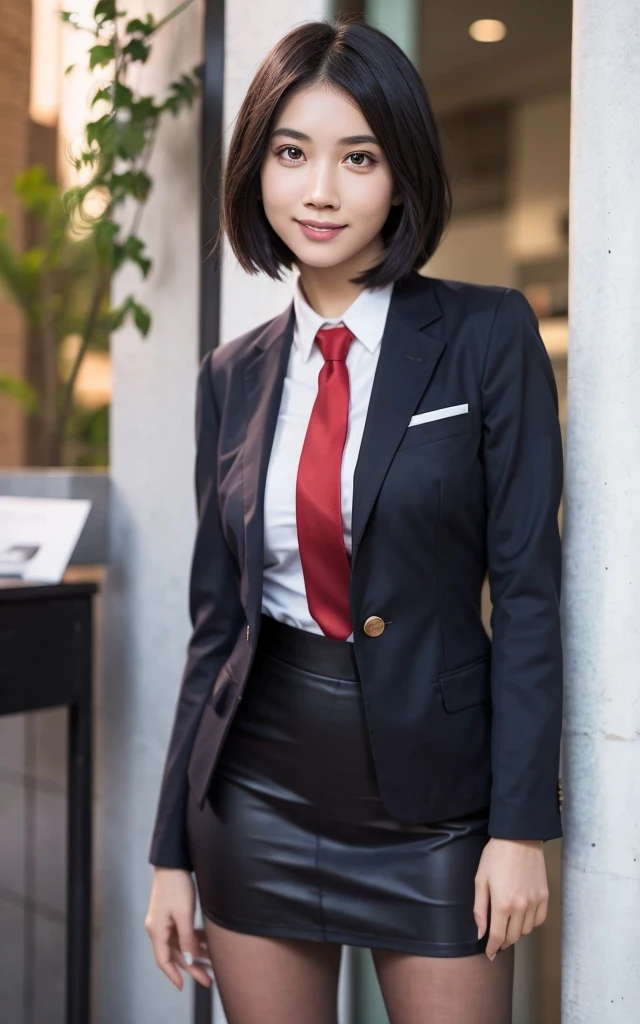 girl, Hyper Realistic, masterpiece, smile, portrait, bobhair, skirt suit, dress shirt, red necktie, blazer, bodycon miniskirt, pencil skirt, tights, pantyhose