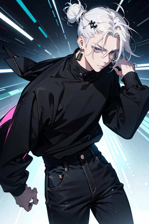 Anime man gradient young white hair low on shaved sides turns hair bun to the left side in the middle serious face with black earrings black sweatshirt Speed jeans futuristic clothes black dark circles under his eyes big black hair big brown hair extremely futuristic clothes futuristic clothes futuristic sweatshirt black skinny jeans male