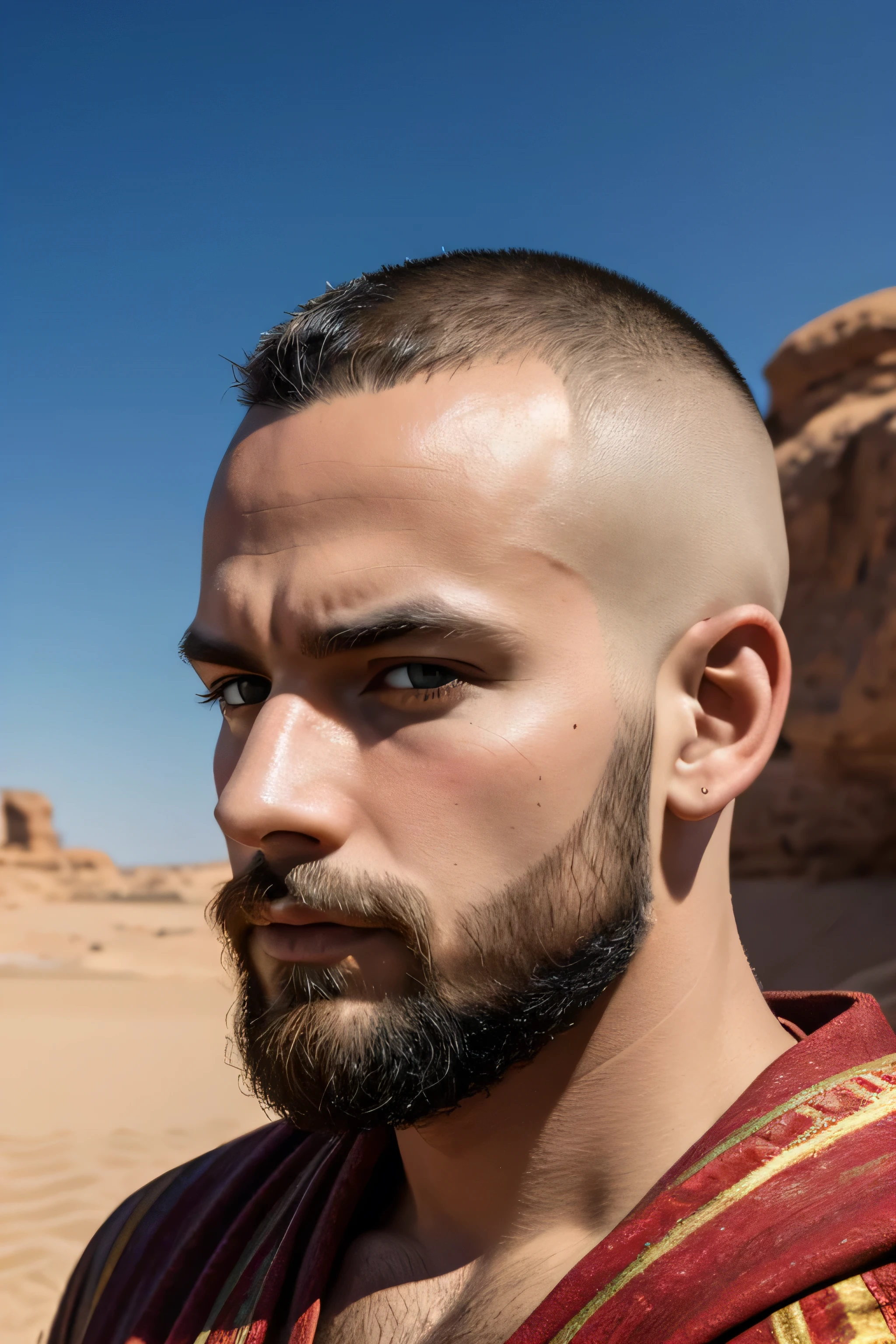 1 white male, shaved headhair, short scruffy beard, wearing a caftan, untrained body, ugly face, 25 years old, desert background, absurdres, high res, ultrasharp, 8K, masterpiece, the image should be of absurd resolution and high detail. It should be ultra-sharp and available in 8K resolution, representing a masterpiece in image quality.