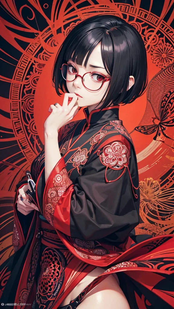 Official Art, unity 8k wallpaper, Very detailedな, Beautiful yet fleeting,Japanese style,beautiful, masterpiece,((Red glasses)) Highest quality,Red spider lily (zenTangle, Mandala, Tangle, enTangle), Flower Ecstasy, Very detailed, ((Black short hair))、Dynamic Angle, ((Very Short Hair)), ((Ninja))The most beautiful form of chaos, ((Red clothes)).elegant, Brutalist Design, Vibrant colors, Romanticism, James Jean, Robbie Dawi Anton, Ross Tran, Francis Bacon, It was very cold, Adrianne&#39;genius, Petra Cortright, Gerhard Richter, takato yamamoto, Ashley Wood, Atmospheric