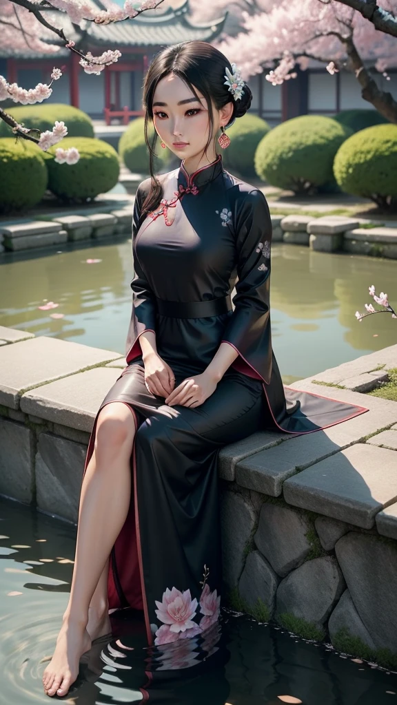 Young Japanese Hair Color: black ebony, Long to the waist, slightly wavy at the ends Eye color: dark brown, almonds, with an introspective glow Skin tone: pale, with a slight blush on the cheeks Body structure: Slender and graceful, with elegant posture Face: Oval, with delicate strokes, pink lips and small nose Clothing: Traditional Chinese Dress (cheongsam) blue silk, with detailed floral embroidery Accessories: Green jade earrings, Expression lotus pendant necklace: Distant and contemplative look, eyebrows slightly arched in concentration, lips slightly curved in a melancholic smile Posture: Sitting by a lake, hands gently resting on your lap, bare feet touching the water Environment: Chinese traditional garden, with bamboo trees in the background and cherry blossoms falling around it Additional details: A light breeze caresses your face, gently moving your hair strands, creating a serene and reflective setting.