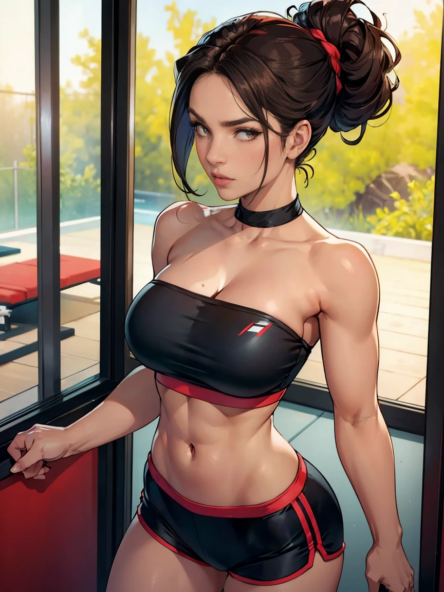 Extremely busty thin and toned brunette, gym girl, fair skin, loose updo, soft face, athletic, large breasts, strapless bright red tube top, tiny black spandex shorts. standing by a sliding glass door, gym, windows