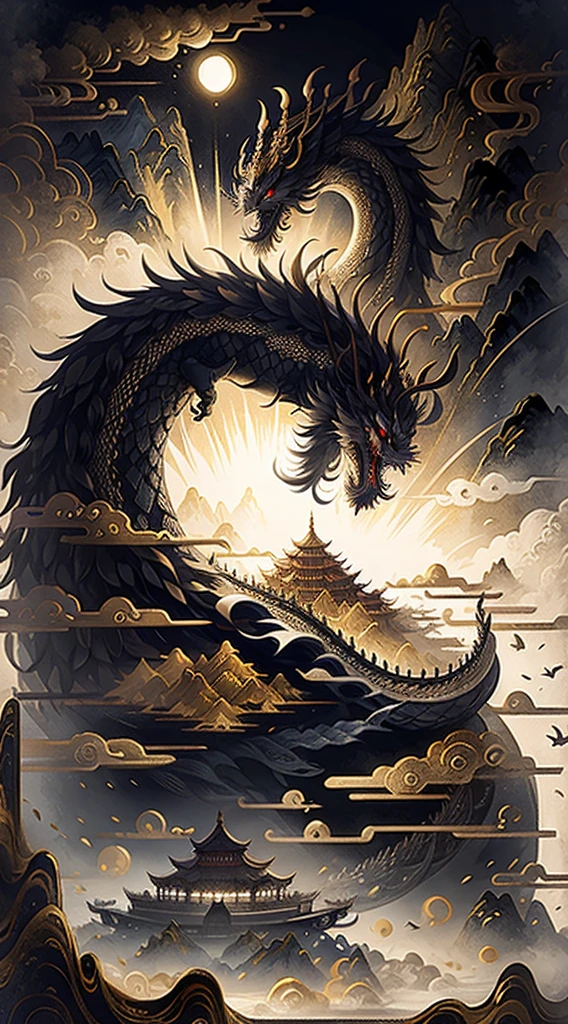 Ancient Chinese landscape,golden castle, Chinese black dragon,mountains, rivers, auspicious clouds, sunlight, masterpiece, super detail, epic composition, ultra high definition, high quality, extremely detailed, official art, uniform 8k wallpaper, super detail, 32k -- v 6