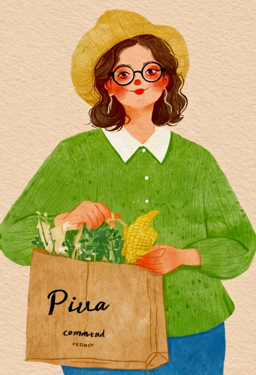 Pastel Art：Illustration of a woman wearing glasses holding a paper bag,