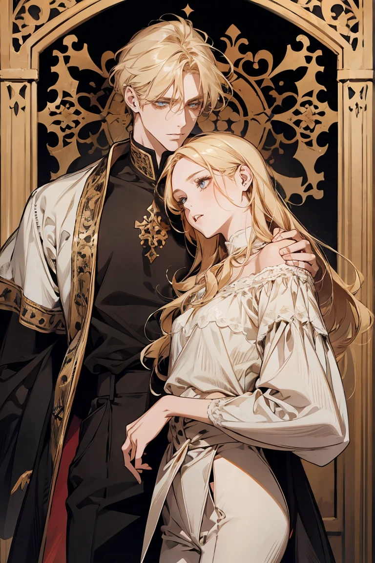 man, man is blonde and shoulder-length hair, wearing white blouse and black pants, handsome, medieval
