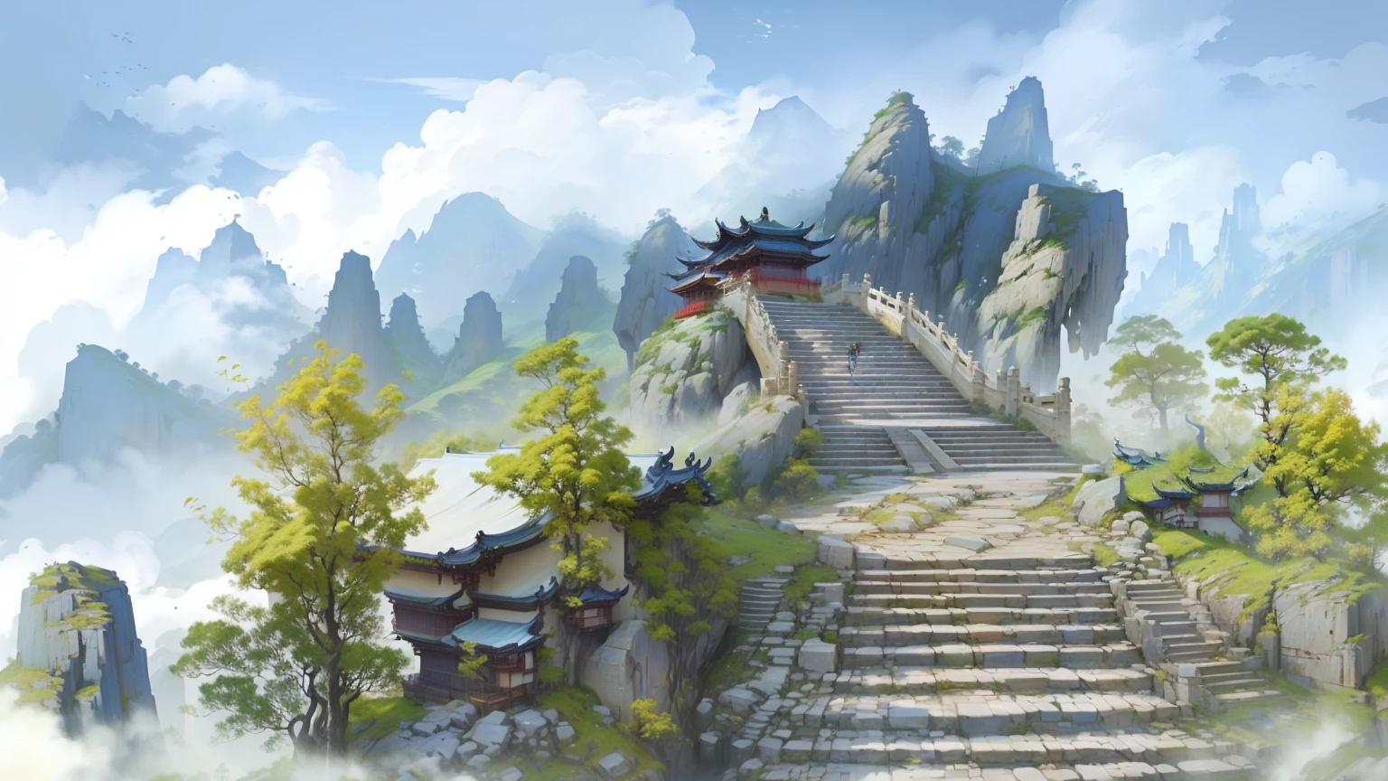 There is a painting,The painting shows the stairs leading up the mountain., Landscape Artwork, G Liulian art style, by Qu Leilei, Inspired by Fenghua Zhong, Ancient city landscape, by Li Zai, author:Yang J, by Shitao, Detailed scenery —width 672, Inspired by Dong Yuan, author:Fan Qi, author:Ju Lian