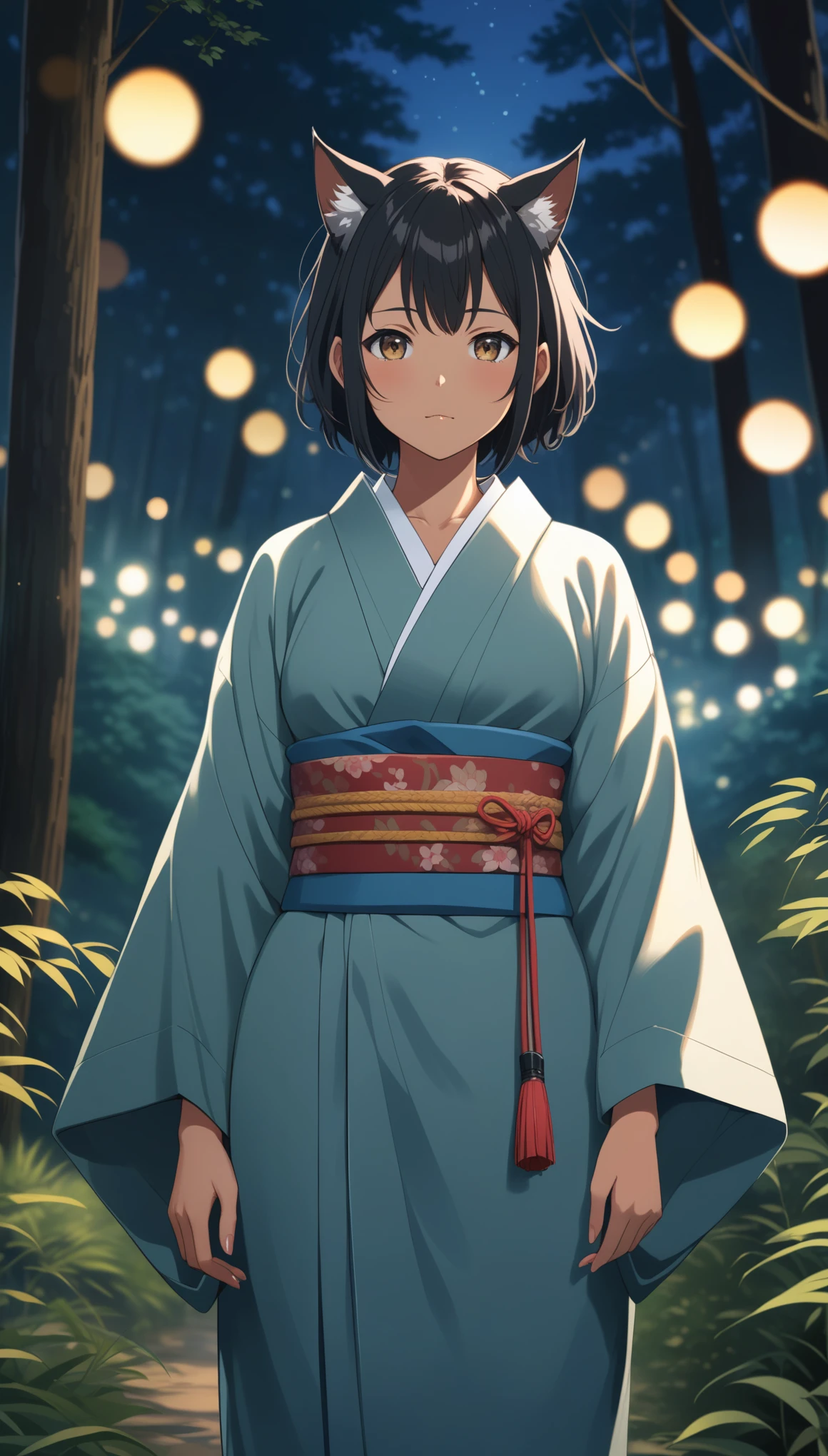 8K, RAW, best quality, ((masterpiece, best quality)), Makoto shinkai, ultra high res, colorful, (medium wide shot), full body, (dynamic perspective), sharp focus, (depth of field, bokeh:1.3), extremely detailed eyes and face, beautiful detailed eyes, looking at viewer,
(1girl, female, solo, khajiit, catfolk),(1girl, Japanese, Oni, horns, Oni red tanned skin, tail, bobcat haircut, black hair, grey eyes), (dressed, Kimono, Haori:1.5), ((shy face))
action pose, forest background, dark forest, night time,