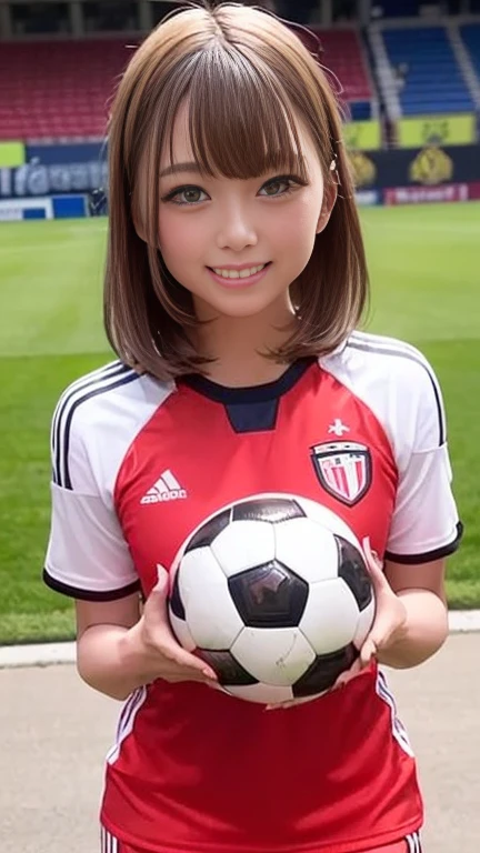 ((Soccer Outfits、Soccer Costumes、Soccer Cosplay、Soccer uniforms、soccer player))、1 girl、Bob Hair、Medium breast、(Soccer ball holding)、masterpiece:1.3、Raw photo、Highest quality、Detailed Images、Detailed Background、Soccer field、Goalmouth、