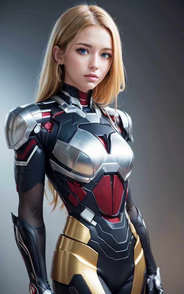 girl, golden ultron suit, blonde, blue eyes, Hyper Realistic, masterpiece