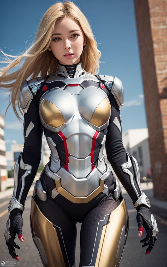 girl, golden ultron suit, blonde, blue eyes, Hyper Realistic, masterpiece