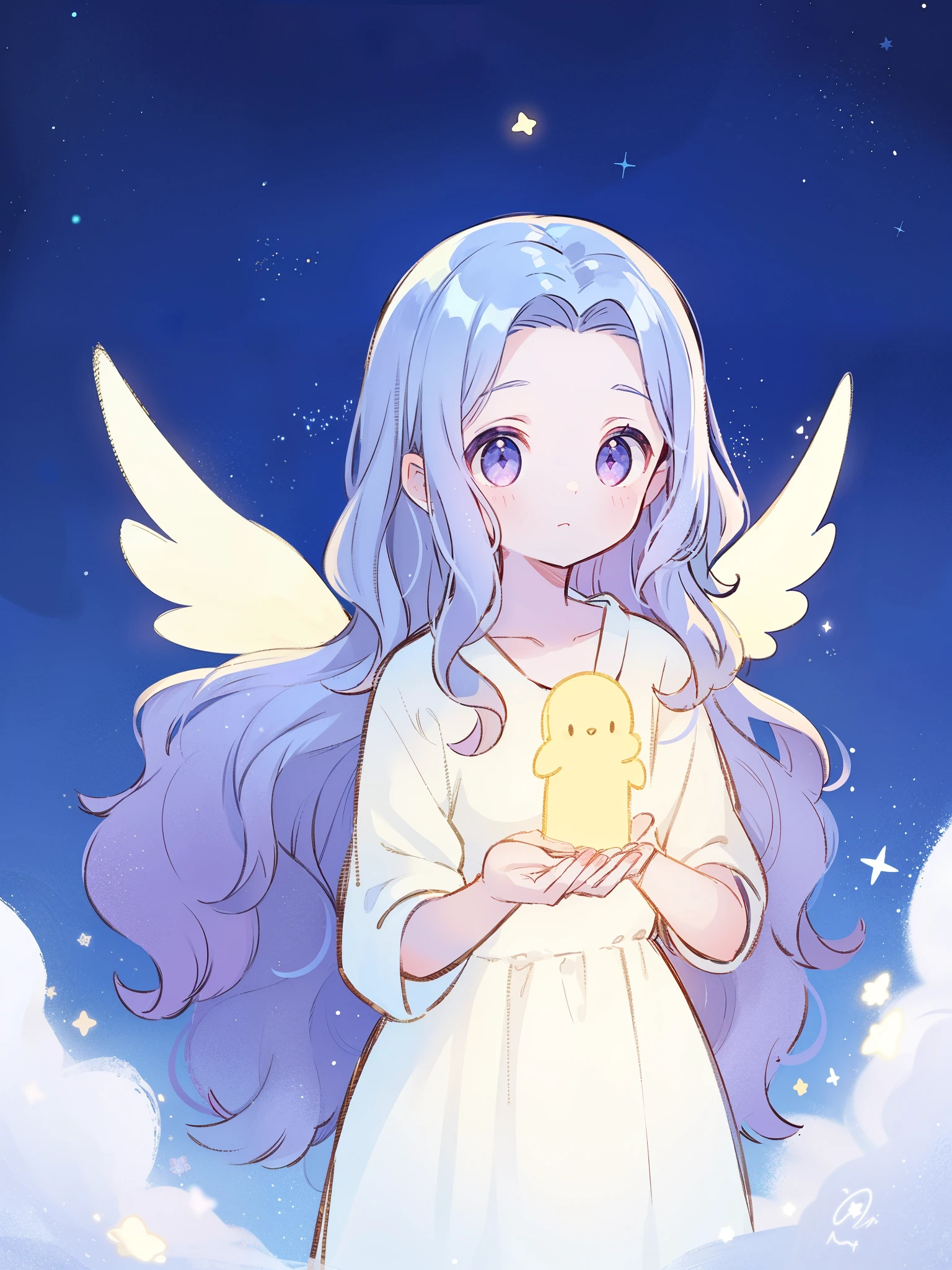 angel girl wearing an ethereal fantasy translucent dress, pale skin, ((wavy gradient blue purple hair)), white feathers, angel wings, sparkling detailed eyes, golden ratio face, perfect composition, highly detailed, ethereal, (starry night sky background), midjourney style