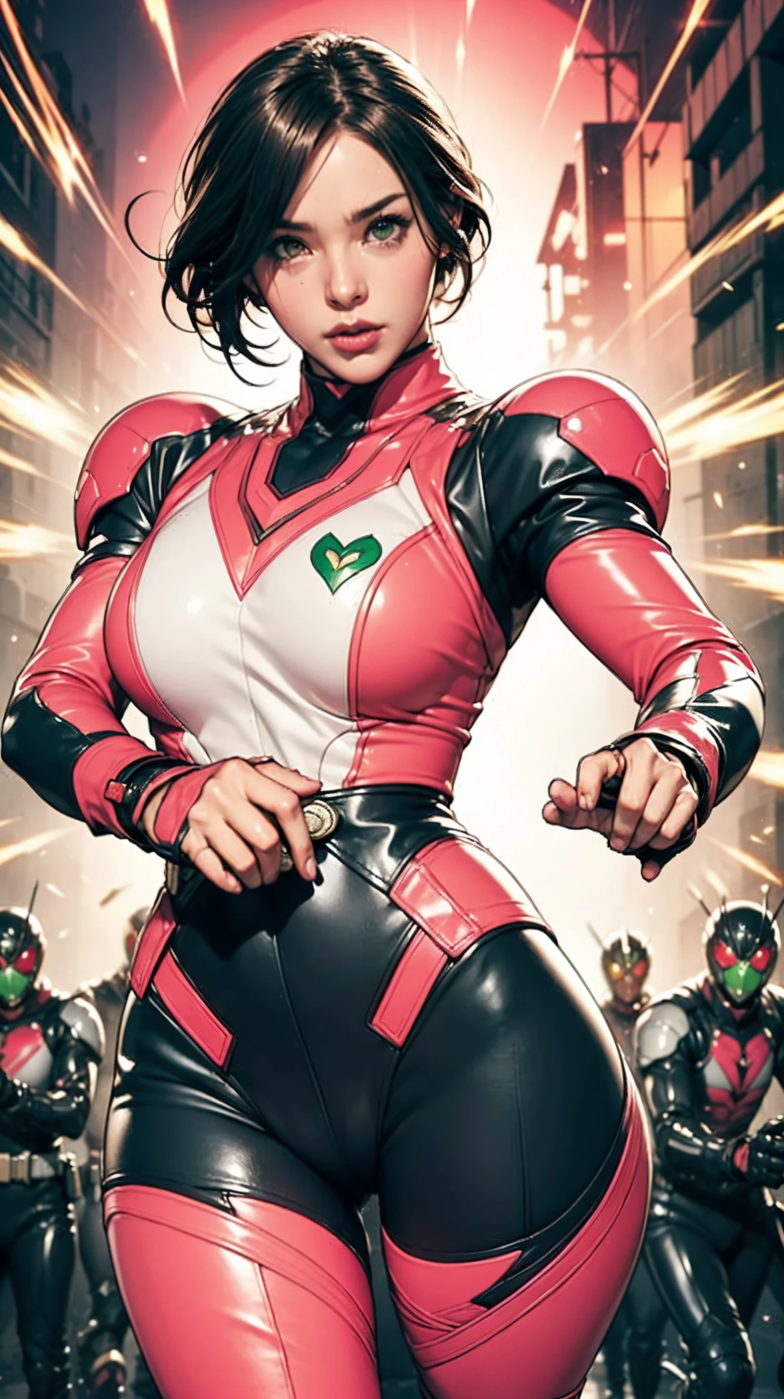 good better hand, Solo, A brave and courageous image of a 6 member ranger team, Each one is decorated in vibrant colors such as:: ((Pink)), red is front of center, violet, Green, yellow, blue black, white,. Heart motif belt, Dynamic poses in a background that exudes energy and courage, neon, fire, plasma, Fluorescent, shocking, pink big bomber, splashing pink, running, fighting pose, action pose, Embodying the essence of the classic Sentai superhero team. Each Ranger:: The attire is sophisticated and modern, Each color has elements that reflect its theme., Ready for action. ((Camel Toe)), weapons, in sunset background , in cinematic lighting, cover art mixed cinema poster style,