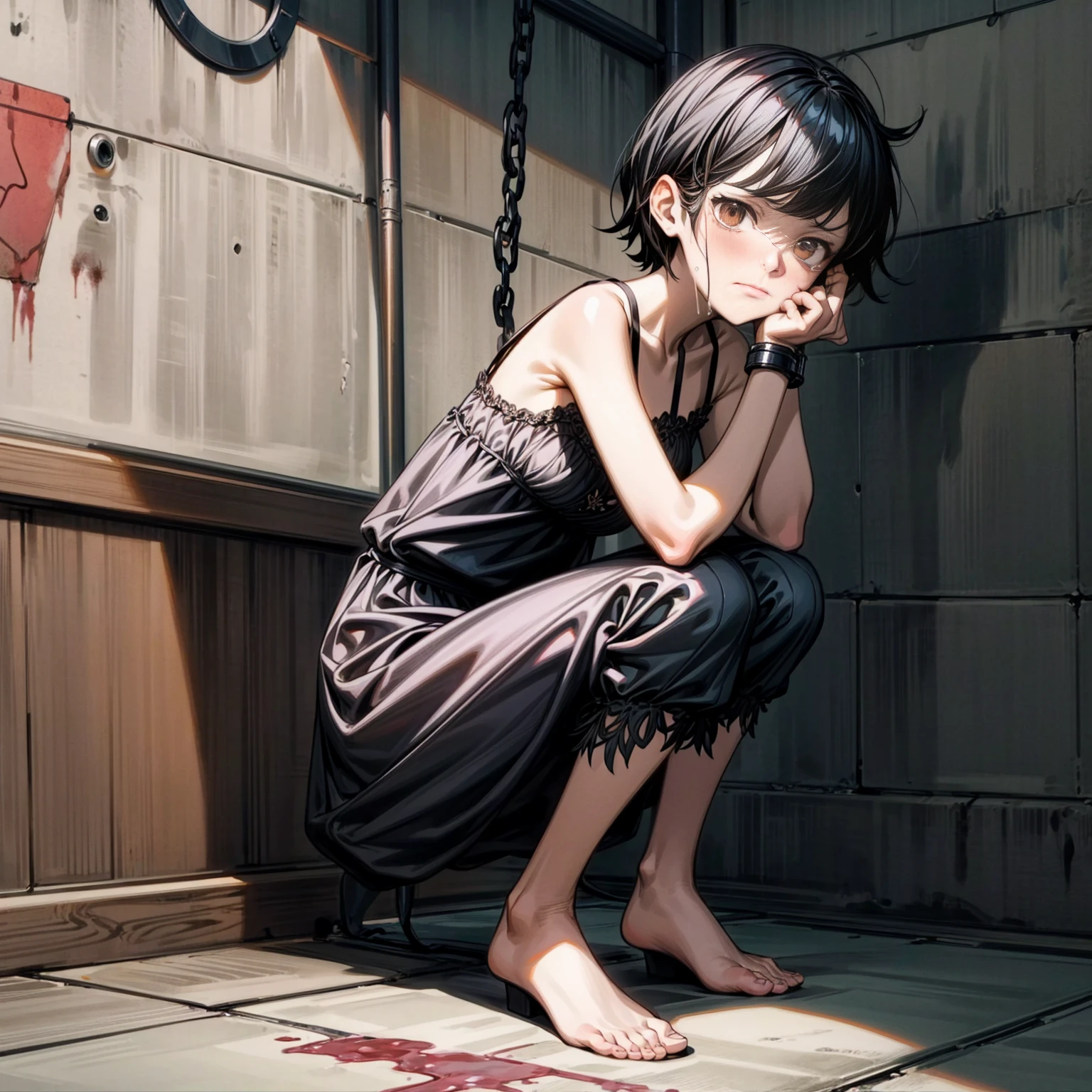 Solo character, full body version, kid girl, short haircut, black color hair, brown eyes, pink lingerie, no shock, no shoes, detailed shadow, (black clover style art), crying eyes, sit down gesture, handcuff, prison indoor room, blood, Tortured 