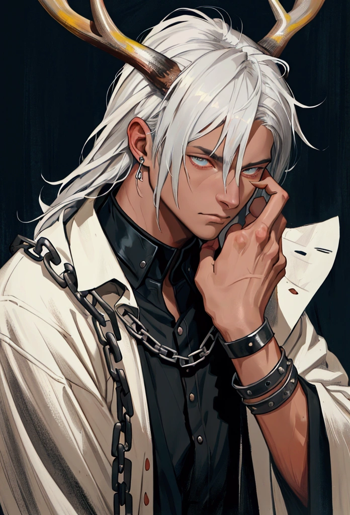 pure, anthropology, male, Solitary, captive, slave, , Piebald fur ,Animal horns There are eyelids, manor background, elk horns, bruised, beaten, chain around hands and feet, collar on neck, silver hair, digital painting," "concept art,""high detail", "muscular""high-res", "ominous aura,", "8k resolution", "oil painting", "darker tone" , "little saturation" ,"dark feeling", "concept art", "detailed eyes" "1man" scratching his head while staring at viewer