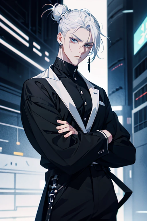 Anime man gradient young white hair low on shaved sides turns hair bun to the left side in the middle serious face with black earrings black clothes black pants black futuristic men&#39;s clothes black circles under his eyes big black hair big brown hair extremely futuristic clothes futuristic clothes futuristic clothes black pants men&#39;s