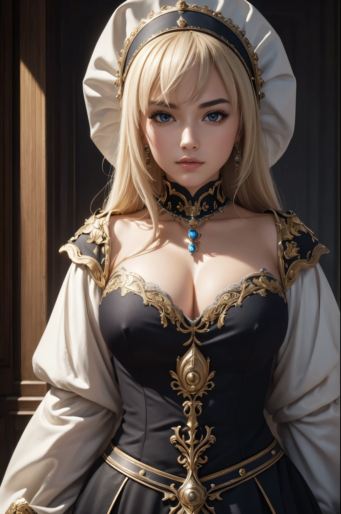 8k,Ultra-high resolution,((Best image quality)), ((masterpiece)), (Attention to detail:1.3), Jeanne D'Aak,Paladin,blue eyes,Red hair Perm Blue hair,Woman in black armor(精密な金色のPaladinの紋章の細工)、Cleavage,We paid special attention to the decoration of the chest armor...、Beautiful expression,charm,sexy,so beautiful(Like the real thing),Carry a big, long sword,smile,Luxury black pants,Blue and black shoulder pads,Blue-black armor,Blue-black leg armor,masterpiece,Photorealistic RAW photos of the highest quality。Bright colors,Rich colors, Backlight, Cinema Lighting, Film Grain, to be born, 50mm lens, Nikon D850,Realistic Skin,Fantasy art,Character Art,Ultra-high resolution,大きなsmile,