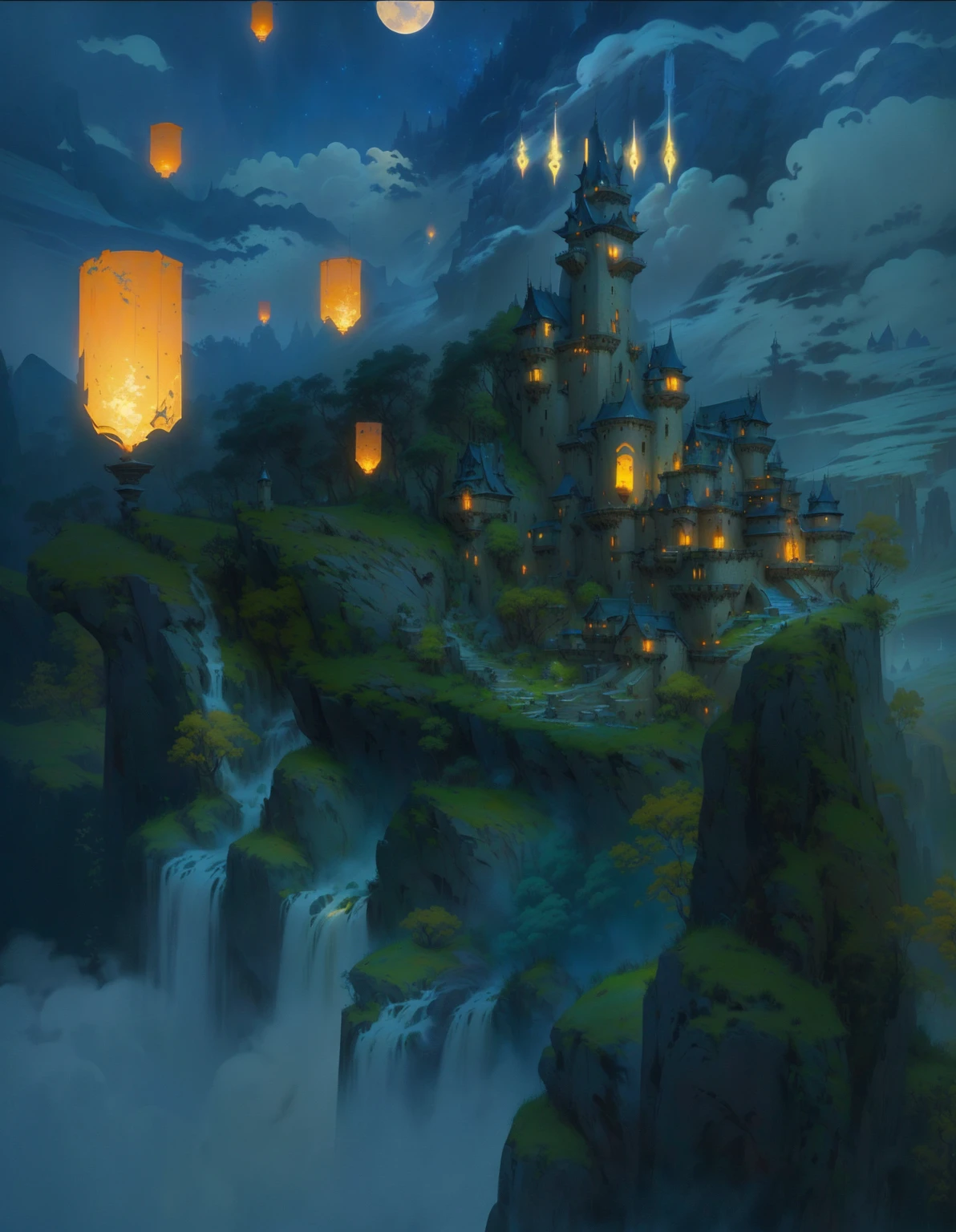 There is a painting,There is a castle in the painting,Many lanterns are flying in the sky, Concept Art magical highlight, Dreamy atmospheric lighting, Concept Art | Rad, painterly Concept Art, stylized Concept Art, Detailed digital 2D fantasy art, Feiyun Castle, Whimsical fantasy landscape art, Background artwork, magical fantasy 2 d Concept Art, Fantasy landscape painting