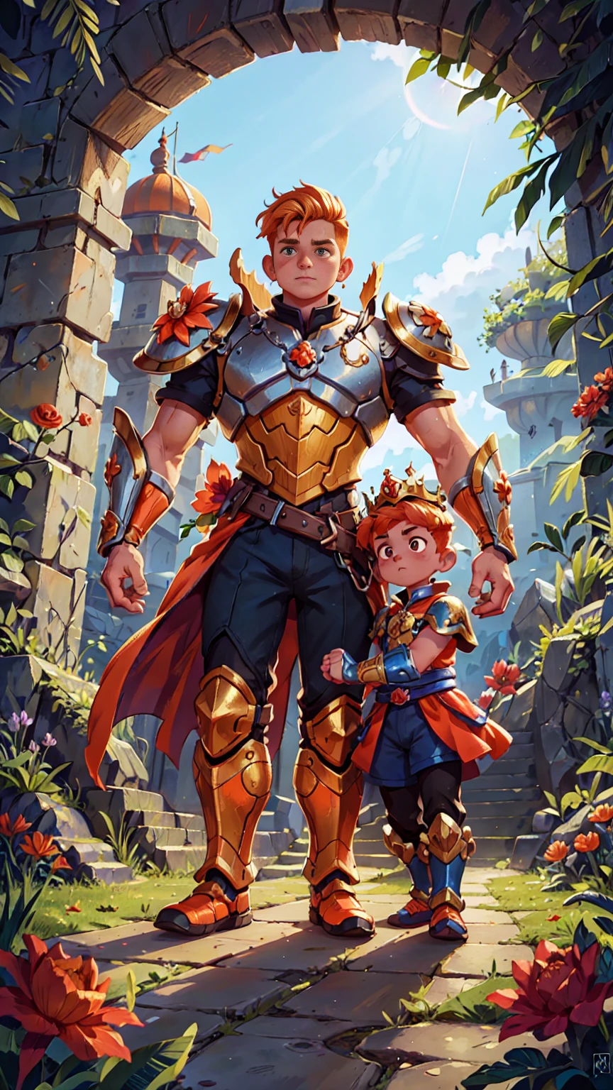 Better quality, an impressive artwork of two crowns, one silver and one gold, with a red flower and a blue flower beside each crown. In the background, a sunset scene with two men holding hands: one is a so big, hunk blonde with an undercut, wearing silver and blue armor; the other is a smaller, beautiful twink with orange hair and an undercut, wearing orange, red, and black armor. RPG Disney style, intricately detailed, elegant, with volumetric lighting and better shadows