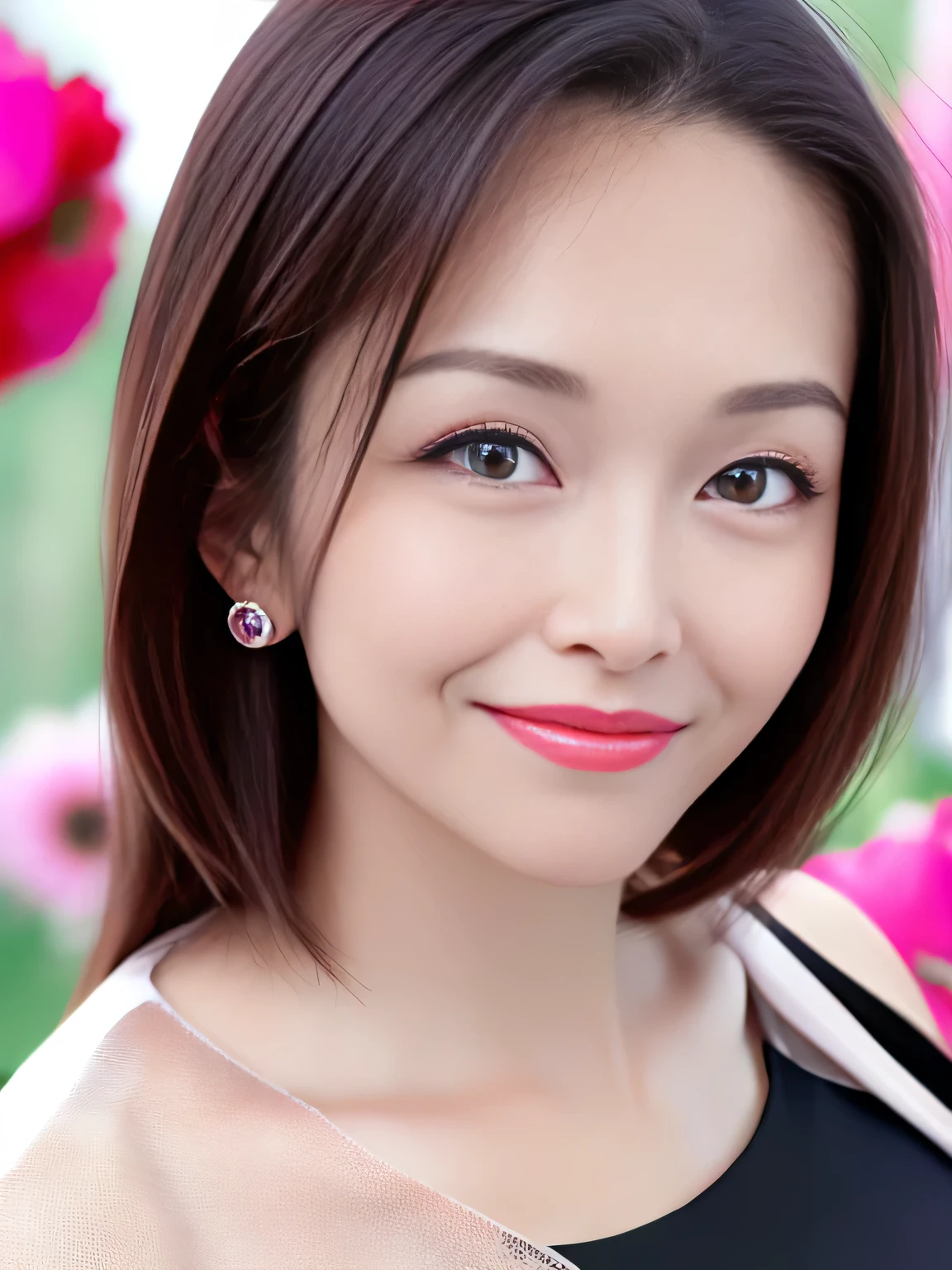 heart earrings, grin, depth of field, uhd, anatomically correct, textured skin, best quality, high details, 16K, Close-up photo of face from the front、One Japanese woman、40 years old、View your viewers、(Laughter、Blissful、joy、Hilarious)、Beautiful face、Gaze looking at the camera、eyelash、Large Eyes、Clear double eyelids、Tearful Mole、Glowing Skin、Beautiful skin quality、Apply gloss to your lips,