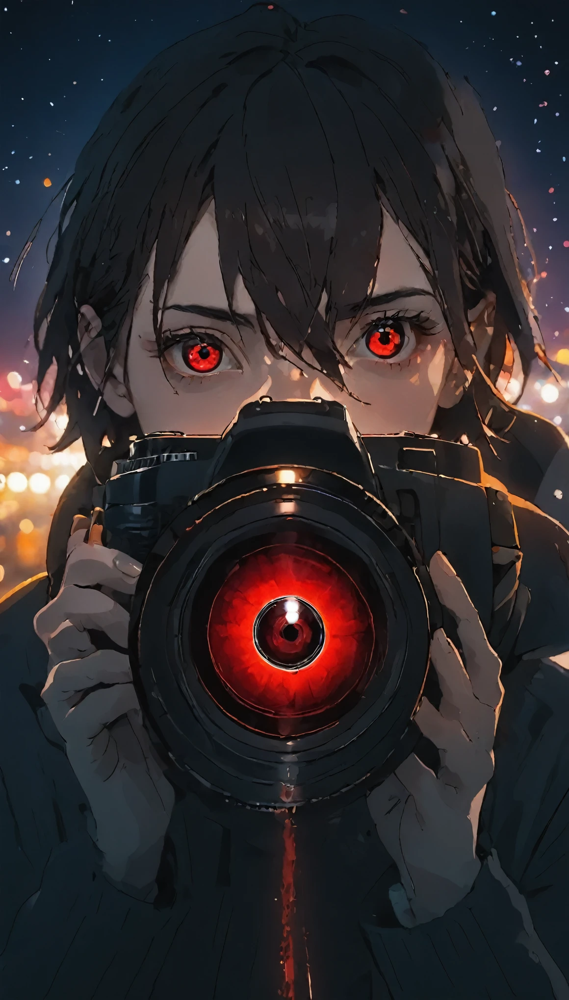 Desktop, top quality, 8k, eye, single eye first plane, sharingan, award-winning focus, single, night, neon, red eye, red, eye with blades, digital SLR, viewfinder, sophisticated, professional lighting, film grain, chromatic aberration, (Eye details : 1.0), (Bokeh: 1.1)、(SFW: 1.5)))、