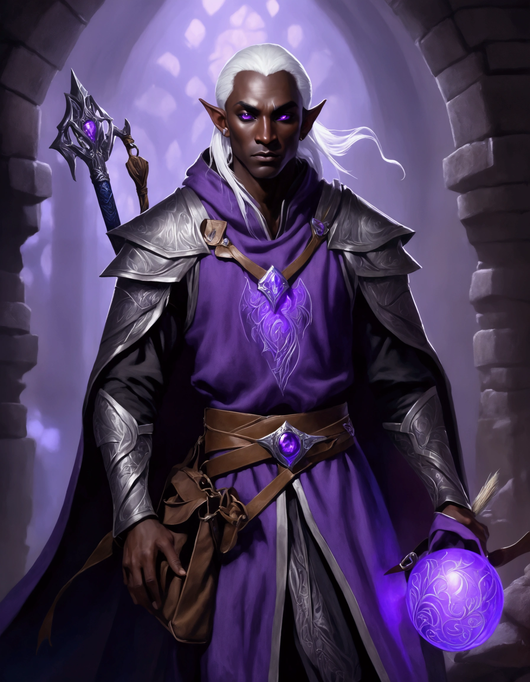 (Drow Elf Male)(Night black skin, evil wizards robes with intricate embroidery, adventuring sacks and pouches, violet eyes, silver hair, magical bag on hip, one handed crossbow, sword in scabbard) look of contempt on his face, posing in a dungeon, viewer is not a worthy foe