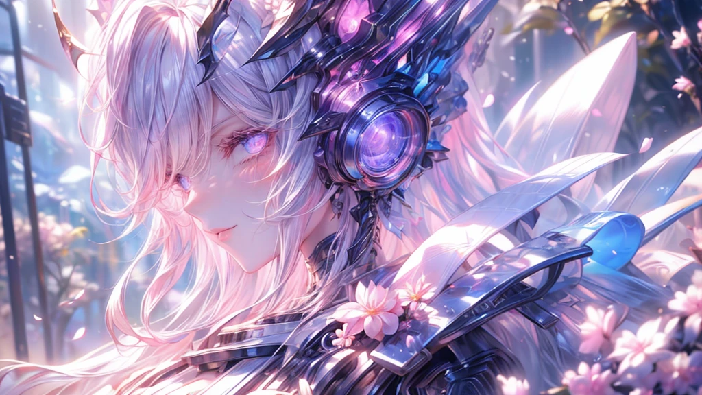 (overhead view), mature woman, 1girl, CG illustration, (masterpiece, best quality, ultra-detailed), sharp focus, detailed face, face focus, extremely detailed eyes, long hair, crown braid, hair over shoulder, sky-blue hair, pink eyes, long eyelashes, (blush, small smile), delicate makeup, big breasts, bare shoulders, cleavage, ((colors of clothing: pink, white, with purple and black ribbons)), ((moon, night, fireflies, blue particles surrounds, mountains in distance, waterfall behind, breeze)), cinematic lighting, rim lightning, ray tracing, shadowing, dynamic angle