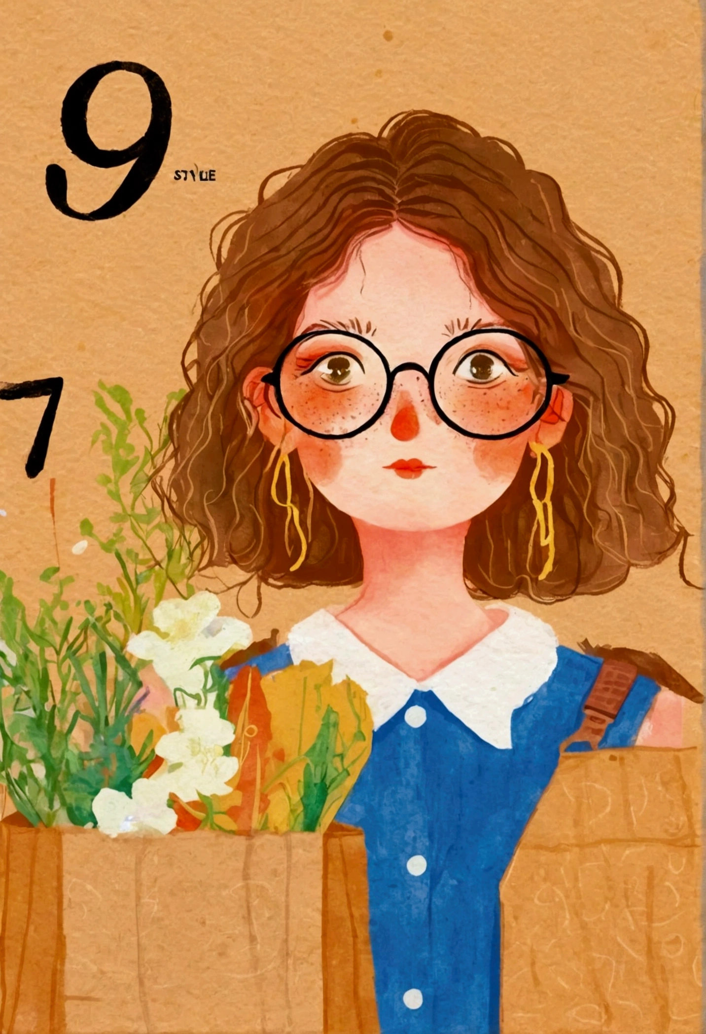 Pastel Art：Illustration of a woman wearing glasses holding a paper bag,