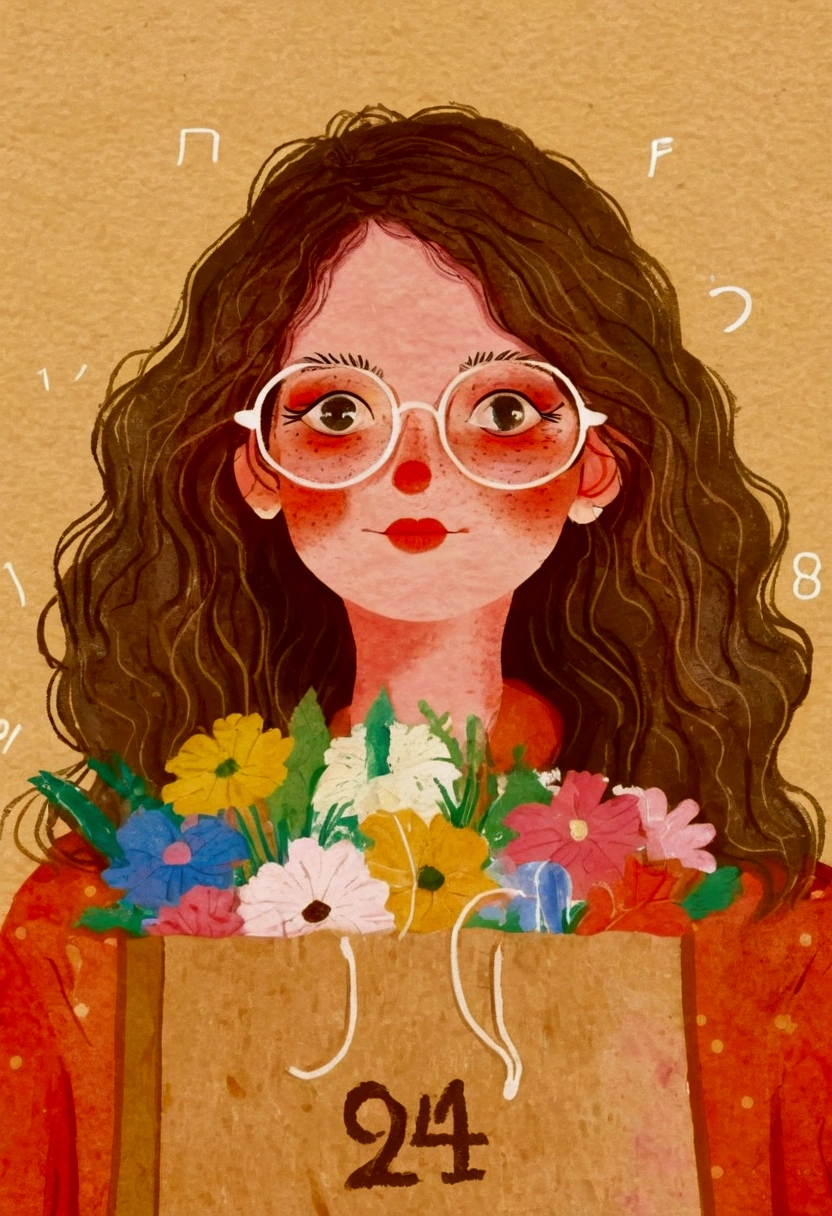 Pastel Art：Illustration of a woman wearing glasses holding a paper bag,