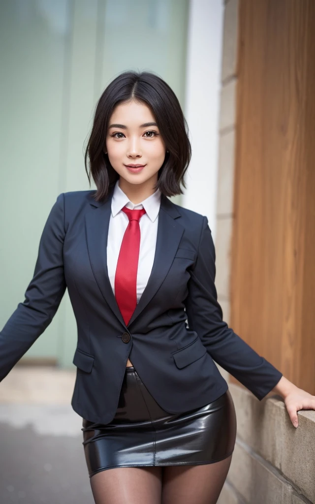 girl, Hyper Realistic, masterpiece, smile, portrait, bobhair, skirt suit, dress shirt, red necktie, blazer, bodycon miniskirt, pencil skirt, tights, pantyhose