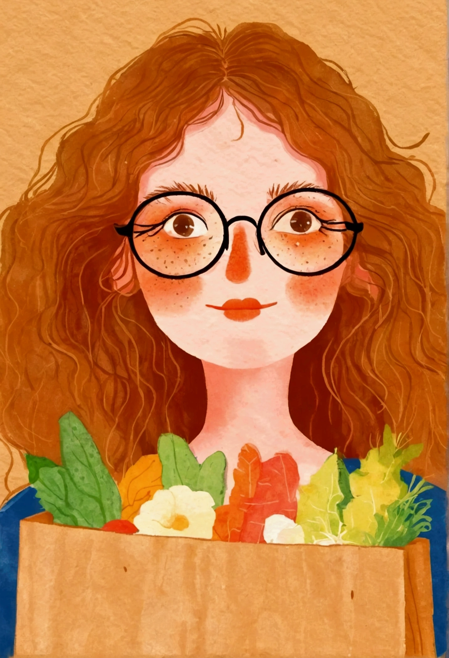 Illustration of a woman wearing glasses holding a paper bag, Numbers inspired by Pia Fries, tumblr, Serial art, commend girl, commend portrait, Low-fidelity illustration style, commend art, commend feel, commend, commend album art, commend girl aesthetic, Lofy, A scorching hot day, commend artstyle
