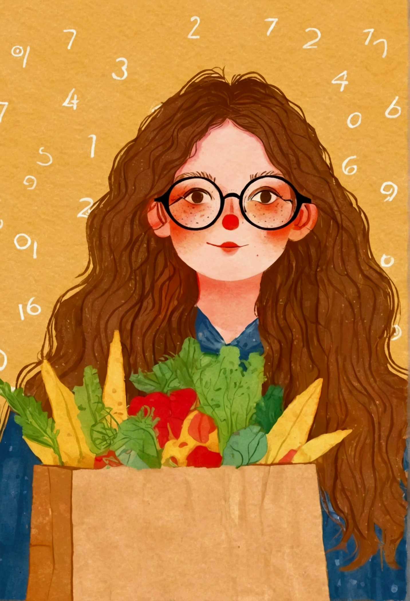 Pastel Art：Illustration of a woman wearing glasses holding a paper bag,