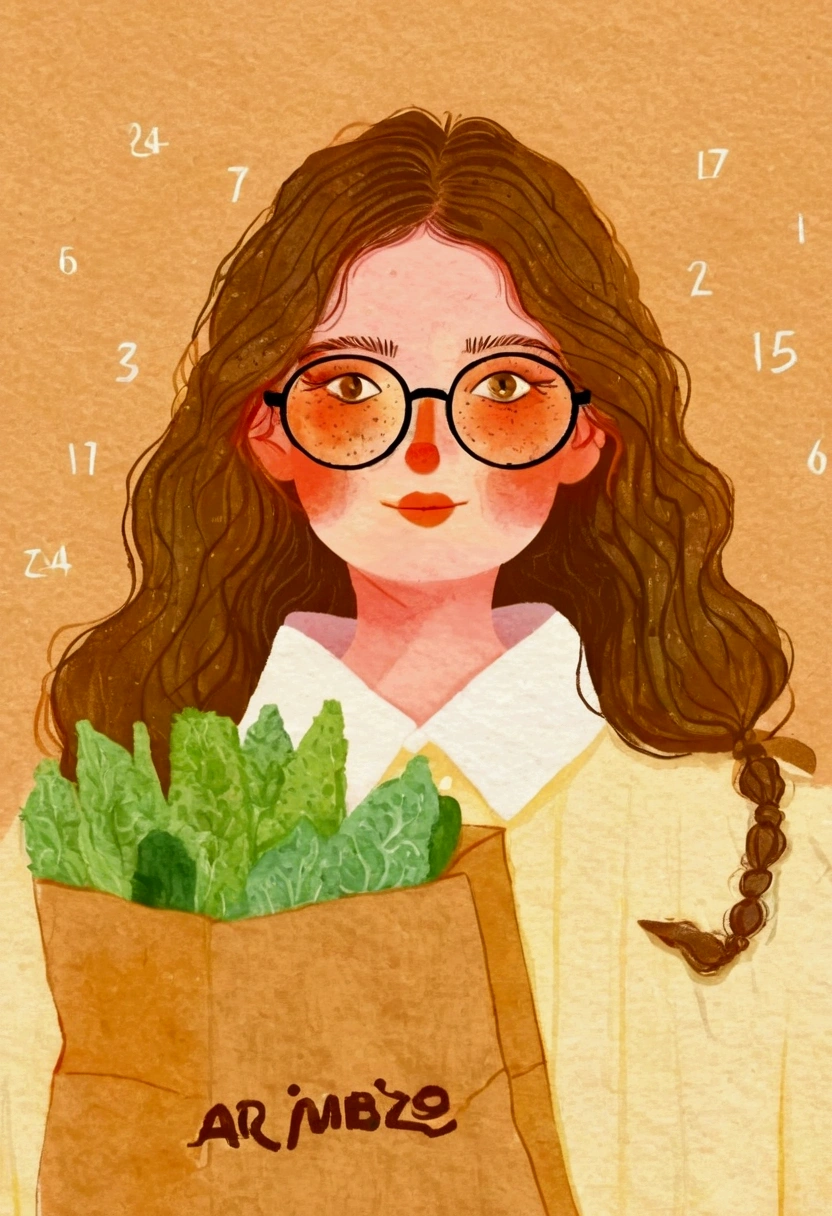 Pastel Art：Illustration of a woman wearing glasses holding a paper bag,