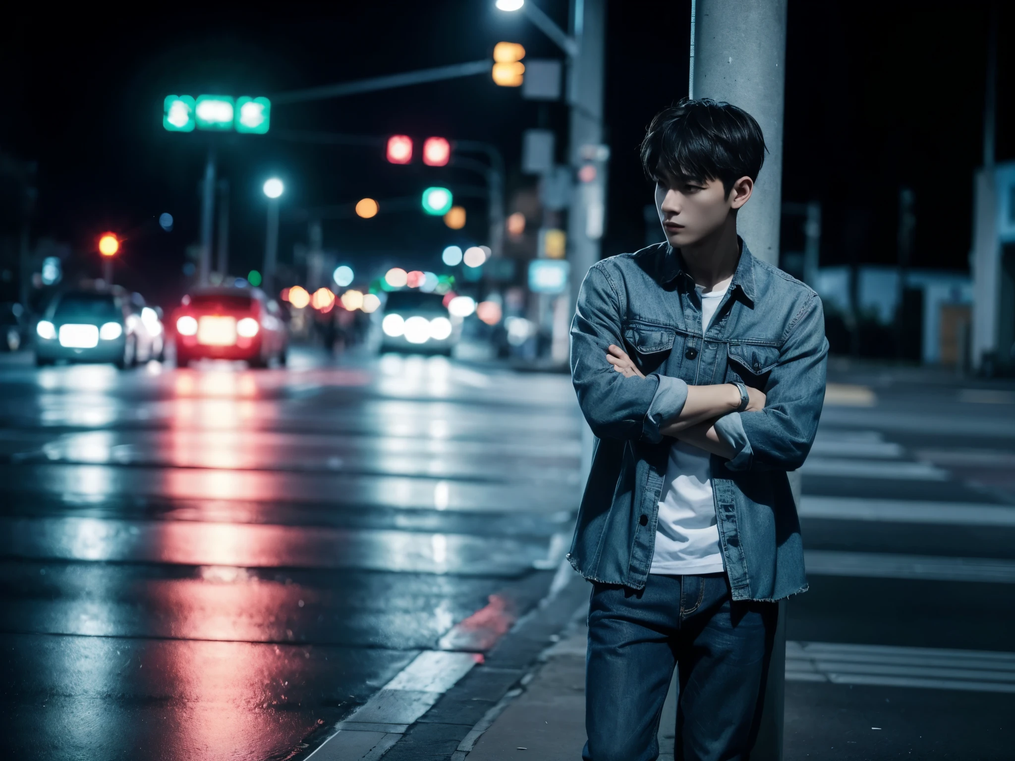 1 men, full body, flanel, traffic signlights