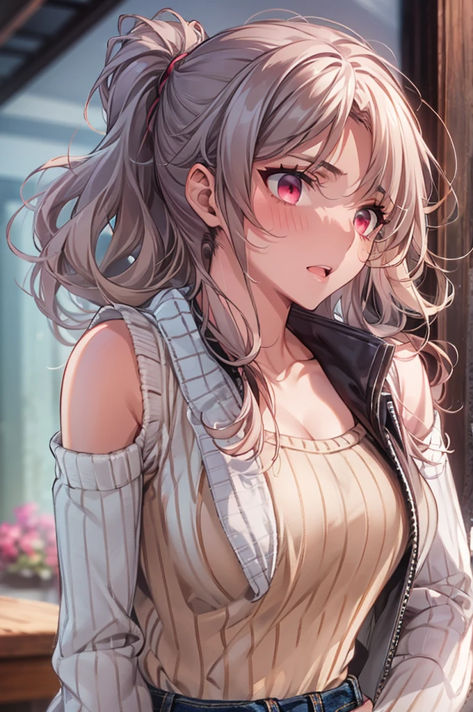 Masterpiece,Highest quality,8k,Ultra-high resolution,appropriate margins,lighting,Depicted from the waist up,BREAK,(1 person),Very beautiful female college student,Slim body,(The richest big breasts),Cleavage,Moisturized Skin,BREAK,(Black Hair),mascara,Red eyeliner,Light pink lip,Thin teak,Thin eyebrows,BREAK,Pink eyes,BREAK,Cute expression,Open your mouth a little,BREAK,A little long hair,ponytail,Unshaven,BREAK,(White sleeveless sweater),(jeans),(outside),BREAK,Eye contact