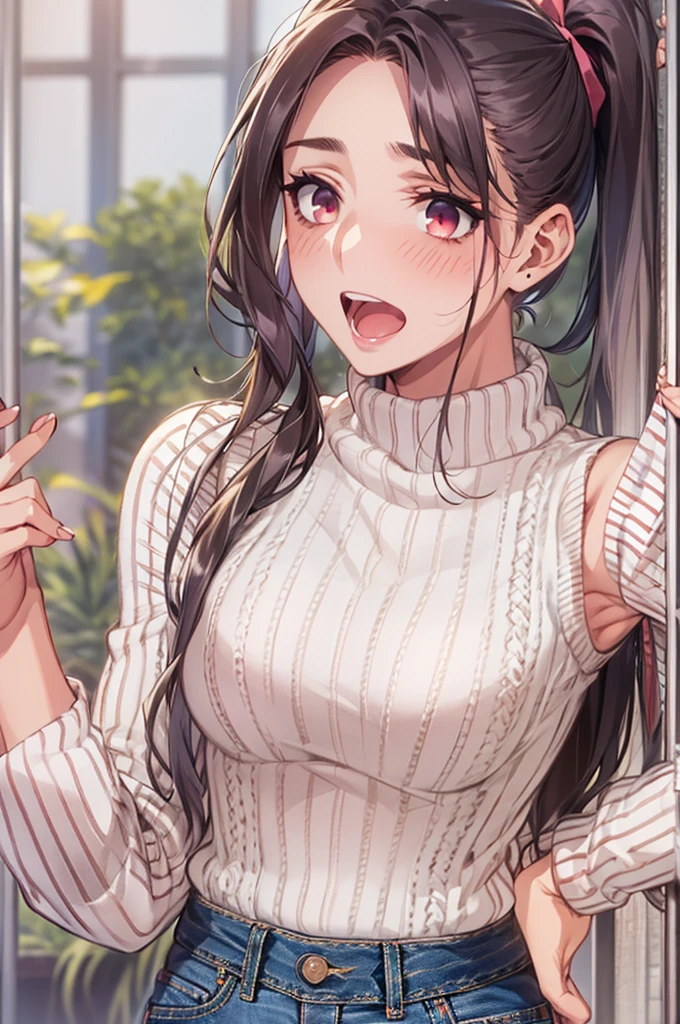Masterpiece,Highest quality,8k,Ultra-high resolution,appropriate margins,lighting,Depicted from the waist up,BREAK,(1 person),Very beautiful female college student,Slim body,(The richest big breasts),Cleavage,Moisturized Skin,BREAK,(Black Hair),mascara,Red eyeliner,Light pink lip,Thin teak,Thin eyebrows,BREAK,Pink eyes,BREAK,Cute expression,Open your mouth a little,BREAK,A little long hair,ponytail,Unshaven,BREAK,(White sleeveless sweater),(jeans),(outside),BREAK,Eye contact