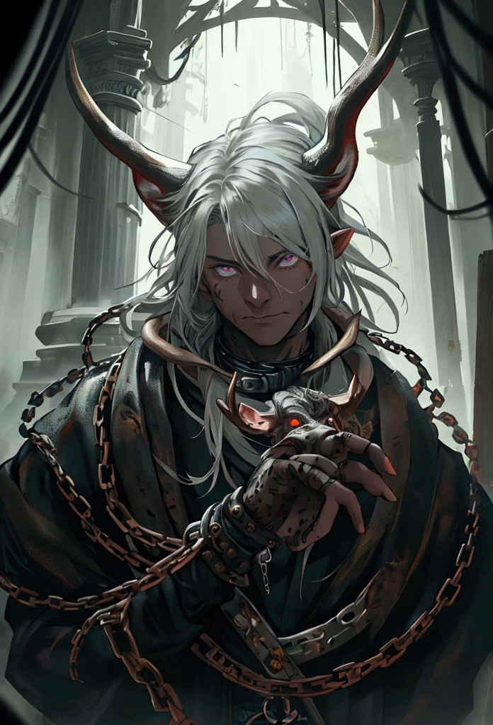 pure, anthropology, male, Solitary, captive, slave, , Piebald fur ,Animal horns There are eyelids, manor background, elk horns, bruised, beaten, chain around hands and feet, collar on neck, silver hair, digital painting," "concept art,""high detail", "muscular""high-res", "ominous aura,", "8k resolution", "oil painting", "darker tone" , "little saturation" ,"dark feeling", "concept art", "detailed eyes" "1man" scratching his head while staring at viewer