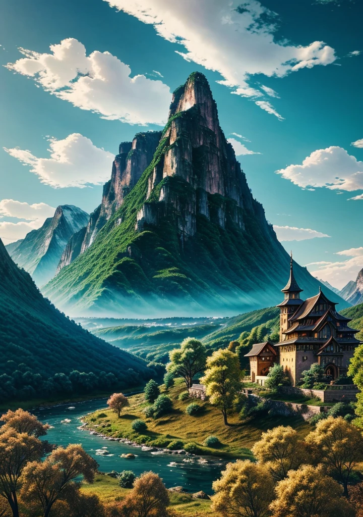 detailed anime landscape, beautiful detailed sky, detailed clouds, detailed mountains, detailed trees, detailed grass, detailed river, detailed buildings, beautiful detailed architecture, intricate details, vibrant colors, warm lighting, dramatic lighting, cinematic composition, masterpiece