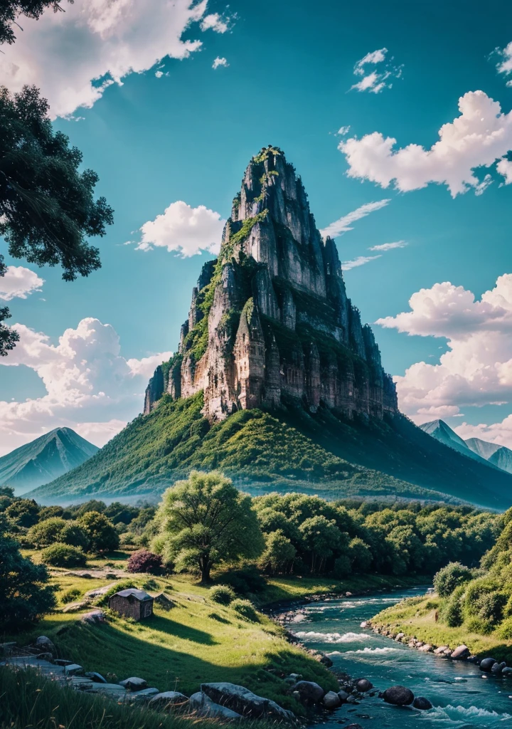 detailed anime landscape, beautiful detailed sky, detailed clouds, detailed mountains, detailed trees, detailed grass, detailed river, detailed buildings, beautiful detailed architecture, intricate details, vibrant colors, warm lighting, dramatic lighting, cinematic composition, masterpiece