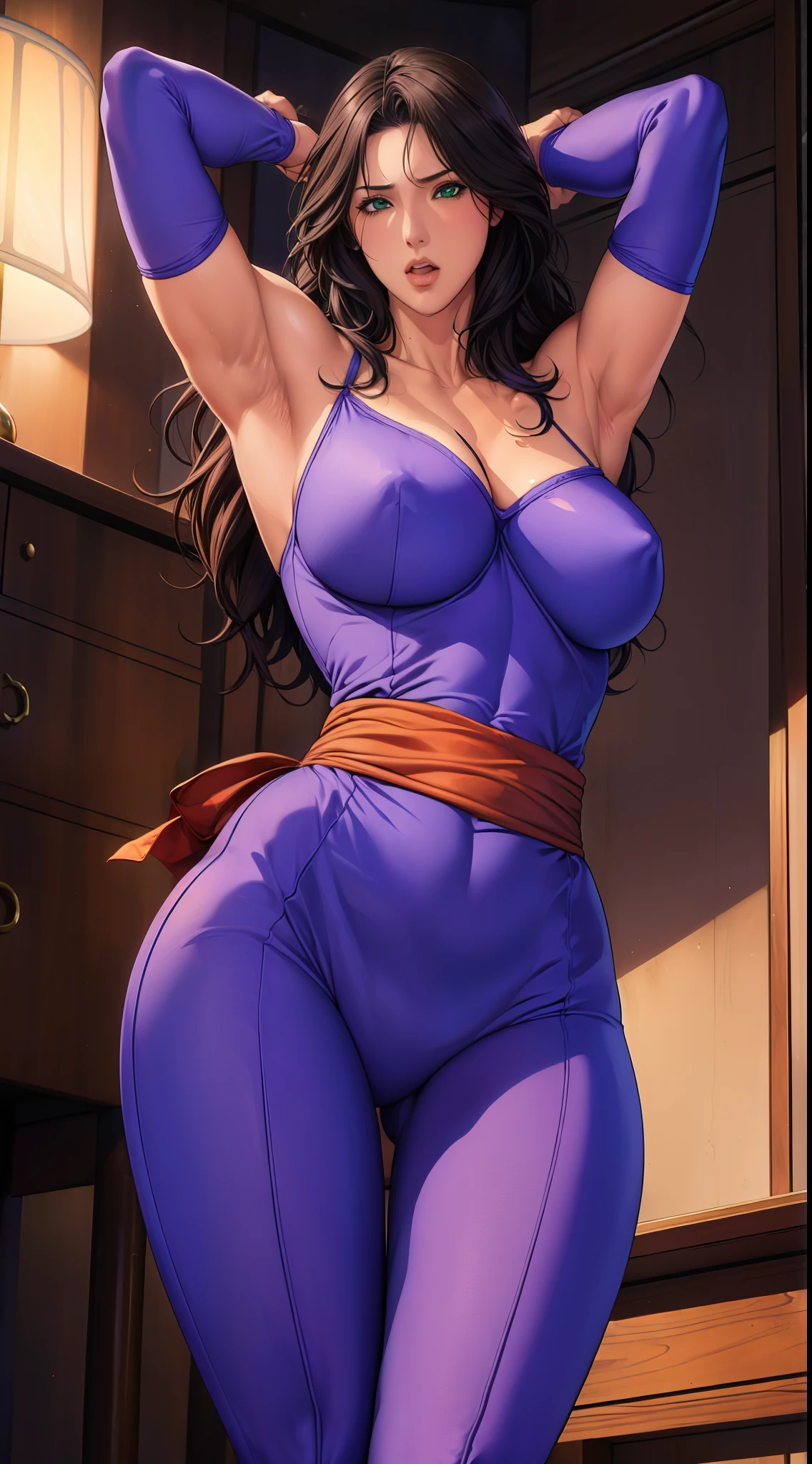 (8ก, 最high quality: 1.2), Very detailed, Complete solution, (Realistic, Realistic photo: 1.5), Portraiture, High resolution RAW color photograph, Professionally arrested, High resolution and beautiful, High resolution, 8ก Image Wallpaper, Amazing details, Large file size, Very detailed美しい女の子, Very detailed face, (Super detailed and super beautiful eyes:1.8), The nose is precisely shaped., Expressive crimson lips, The background is not blurred, One Story, pretty girl, Realistic、 (Movie Scenes,Fantasy art,最high quality,high quality,High resolution,high qualityの質感,Attention to detail,Beautiful details,Fine details,Very detailedCG,Detailed Texture,Realistic representation of face,whole body写真撮影,before,dynamic,bold),1 Girl,Very detailed肌,curve,(Purple bodysuit,Off the shoulder, Green sash :1.5),(Wearing a belt around his waist),(Fully expose your thighs to the viewer:1.4),(Rope Bondage:1.4),((Raise your arms above your head:1.6)),((Show both armpits:1.6)),Standing with legs spread from side to side,((Long legs)),((Poses that make your legs look longer)),(Nipples are visible:1.2),(Beautiful breasts,Under the chest,Large Breasts:1.5),Pale skin,Pointed Chest,(Very fine hairs),(Very soft hair),(Wavy Hair),Long, slicked bangs,Very light coppery amber hair,Long hair down to the waist,(Hair on one eye:1.3),(Open your mouth:1.2),blue eyes,Sensual look,(Blushing),No sleeve,Mature Woman,Detailed fingers, Perfect hands, Length 180cm,Small face,sweating,Sweat on the face,((Small breasts:1.3)),((Small Ass:1.2)),Tied up woman,complain of embarrassment,(Angry),shout,Soft thighs,Sexy legs,Sexy ass, Cleavage,Open the chest,Smooth thighs and legs,((Amazing orgasm)),大きなSexy ass, Wearing high heels,Perfect Body Proportions,(Slim body), (Slim waist),Nipples visible,The areola is protruding,Tight waist,(Long legs:1.6),Thighs open,Huge :1.1,perspective:1.2,Looking at the audience,Character-centric,symmetry diagram,whole body:1.5,From above:1.1,Abdominal shot