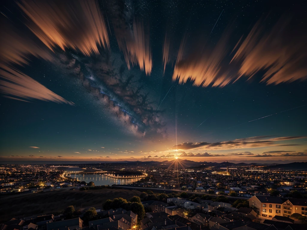 Create a landscape with a sunset with semi night with stars animation version.