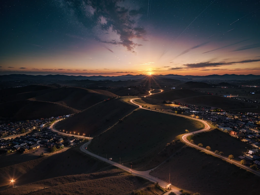 Create a landscape with a sunset with semi night with stars animation version.