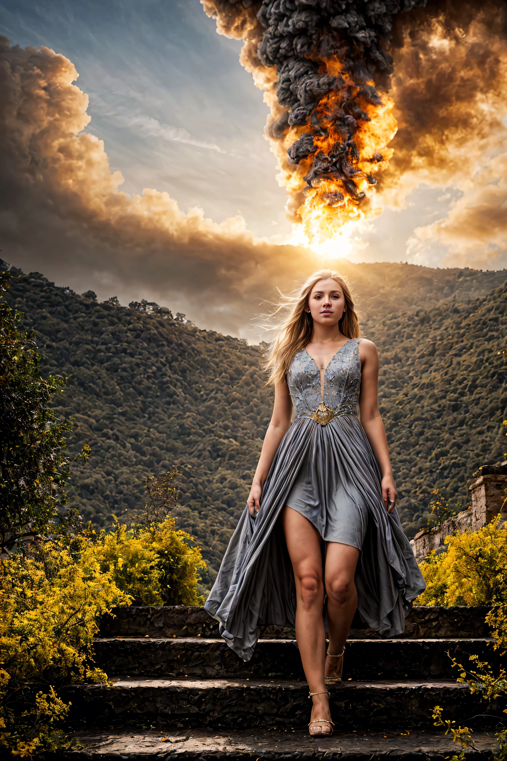 High detail, clarity, 8kk, Throne of Fire, young woman, 18 years old, light gray hair, short haircut, yellow eyes, with blue sky behind, fiery steps to the sky to the throne in front, realism, fantasy, high saturation