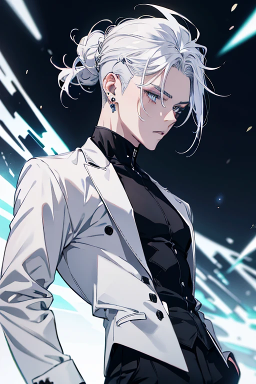 Anime man gradient young white hair low on shaved sides turns hair bun to the left side in the middle serious face with black earrings black clothes black pants black futuristic men&#39;s clothes black circles under his eyes big black hair big brown hair extremely futuristic clothes futuristic clothes futuristic clothes black pants men&#39;s futuristic overcoat