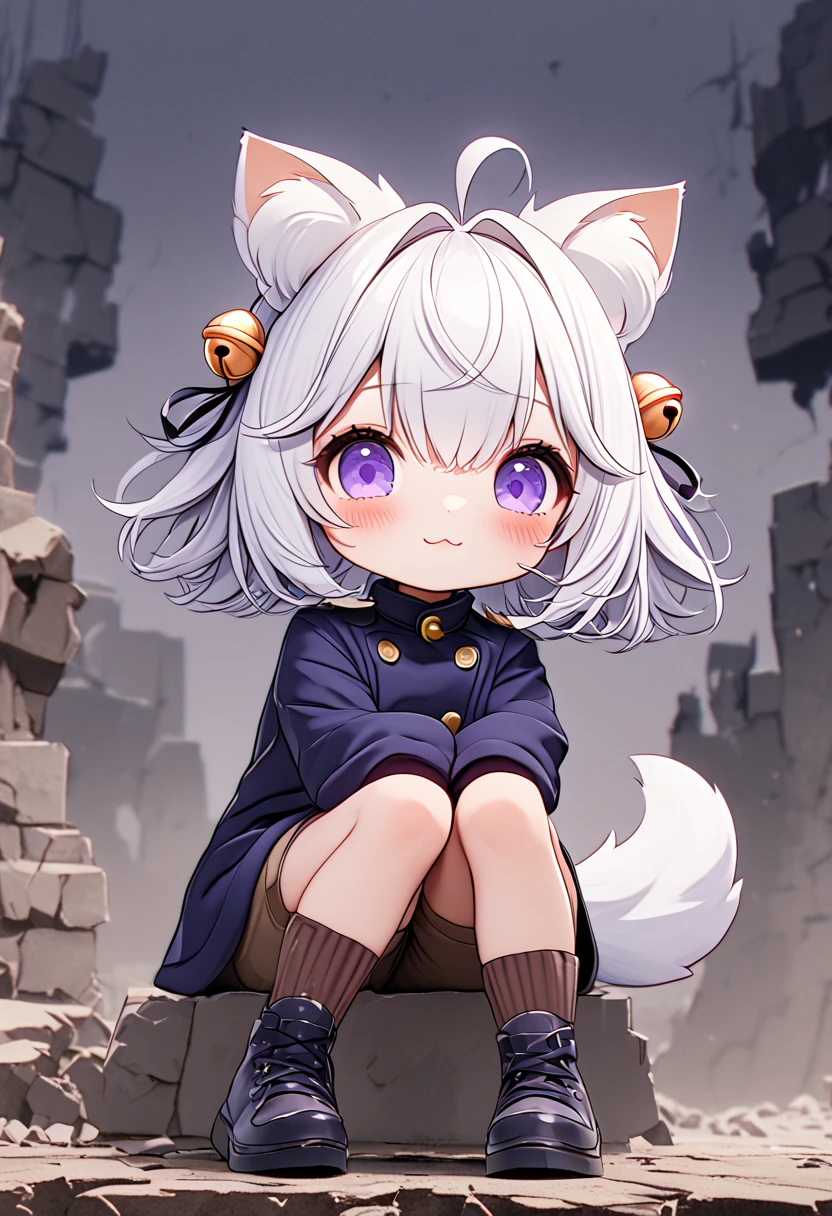 master piece, best quality, ultra-detailed, illustration, 1girl, solo, chibi, (big head), cute pose, front view, looking at viewer, ((full body Close up)), Filian, ((white hair)) , short hair, shoulder length hair, fly-away hair, bangs, (purple hairclip:1.3), cat ears, (hair bell:1.3) ahoge, purple eyes, blush, smiling, fluffy tail, ((dark blue 6buttons peacoat)), long sleeves, brown knee length shorts, brown knee socks, (dark blue shoes) , battlefield background, gloomy atmosphere, broken castle, broken walls, broken windows