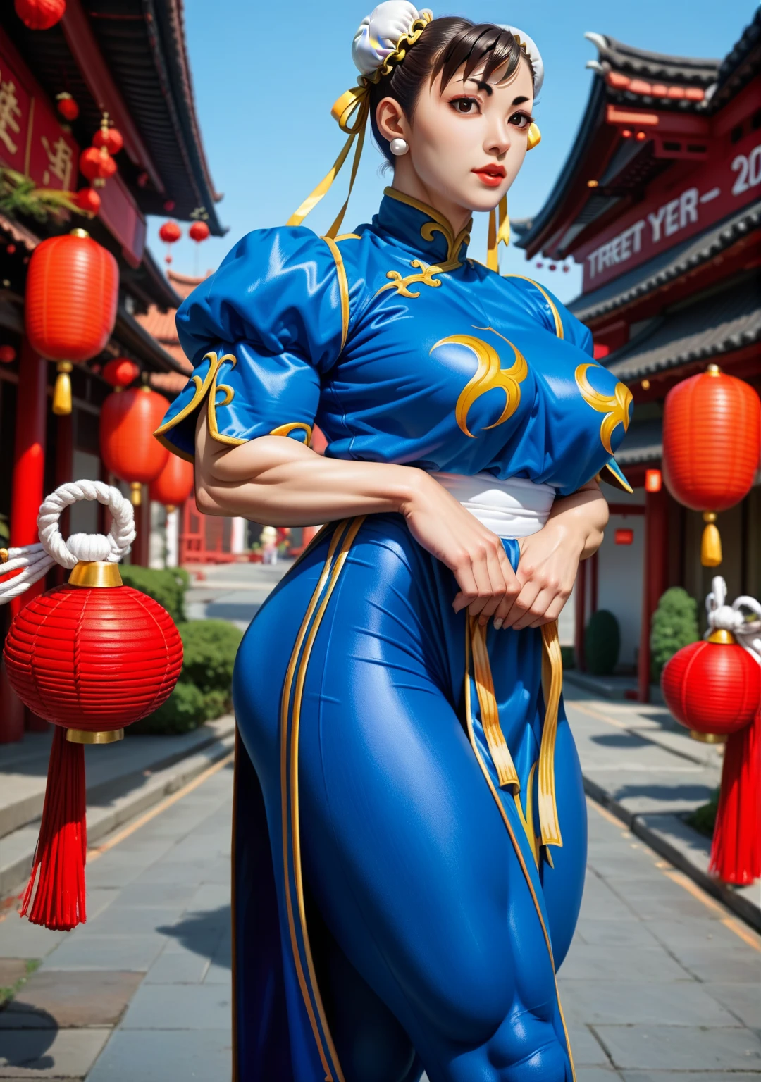 Create a Chun-Li, de Street Fighter 2, 20 year old with full breasts, 80 year old grandma, young woman, very big and round ass, lightly muscular style, Chun-li wearing the classic uniform
