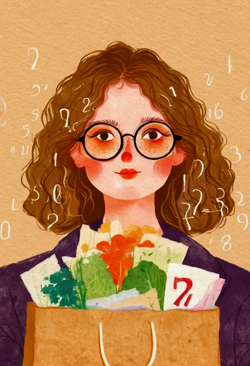 Pastel Art：Illustration of a woman wearing glasses holding a paper bag,