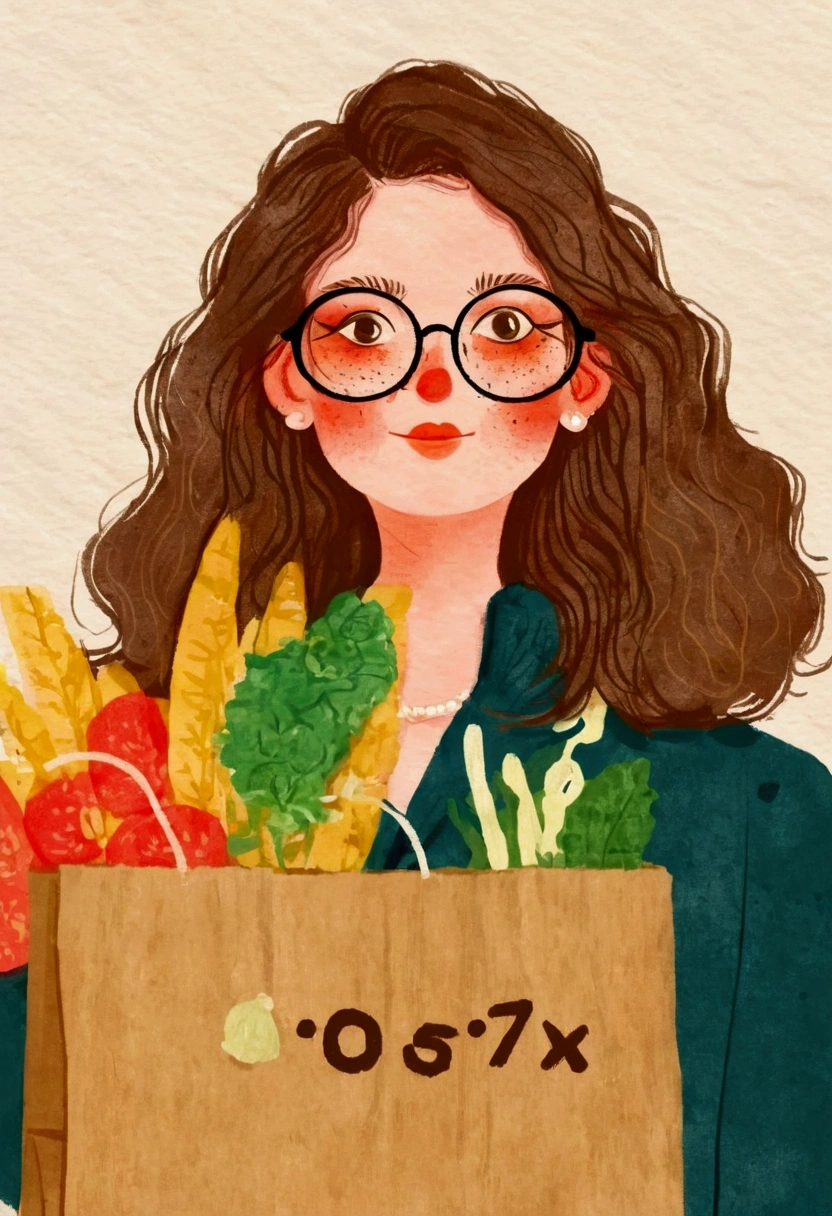 Pastel Art：Illustration of a woman wearing glasses holding a paper bag,