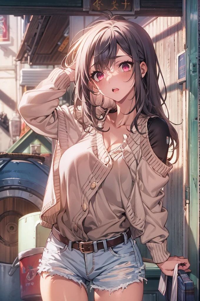 Masterpiece,Highest quality,8k,Ultra-high resolution,appropriate margins,lighting,Depicted from the waist up,BREAK,(1 person),Very beautiful female college student,Slim body,(The richest big breasts),Cleavage,Moisturized Skin,BREAK,(Black Hair),mascara,Red eyeliner,Light pink lip,Thin teak,Thin eyebrows,BREAK,Pink eyes,BREAK,Cute expression,Open your mouth a little,BREAK,A little long hair,ponytail,Unshaven,BREAK,(White sleeveless sweater),(Denim shorts),(outside),BREAK,Eye contact